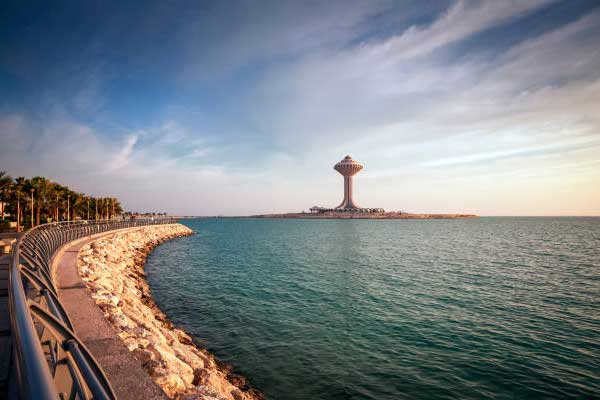 Panoramic view of Dammam waterfront promenade at dusk