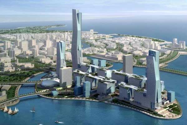Futuristic NEOM city development coast with architectural models